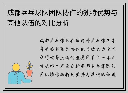 成都乒乓球队团队协作的独特优势与其他队伍的对比分析